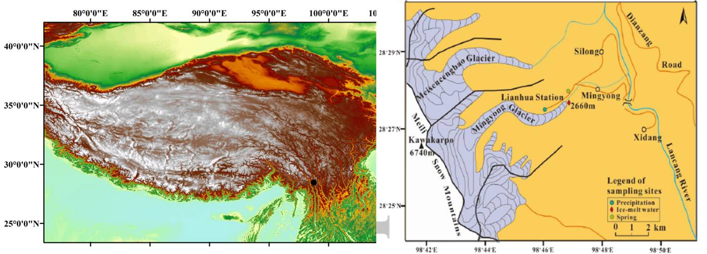 青藏高原东南缘梅里雪山位置及采样点分布图
